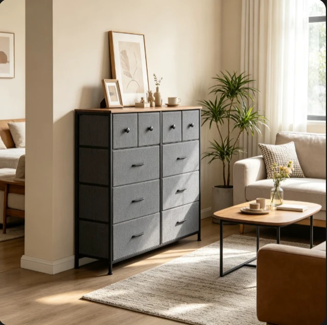 Alt view image 7 of 7 - 9 Drawer Dresser, Fabric Storage Chest of Drawers, Tall Dresser with Metal Frame for Bedroom Closet Living Room