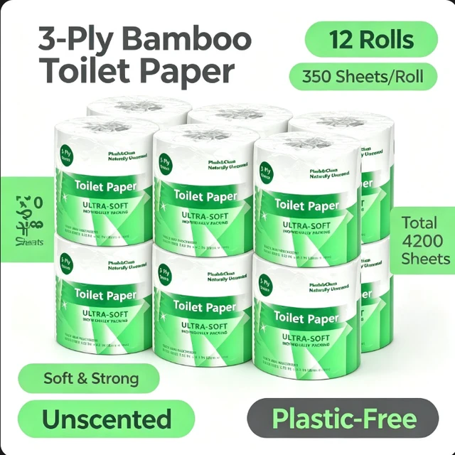 Alt view image 4 of 7 - `Bamboo Toilet Paper, 12 Rolls 3-Ply Ultra Soft Toilet Paper, 350 Sheets per Roll, Unscented Plastic-Free Eco-Friendly Bath Tissue for Bathroom`