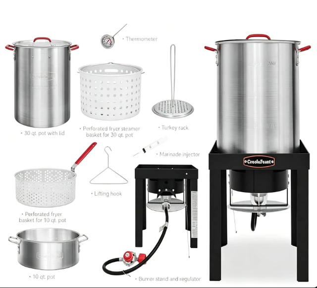 Alt view image 2 of 7 - CreoleFeast TFK3001 30QT Turkey Fryer & 10QT Fish Fryer Boiler Steamer Kit, Propane Outdoor Deep Fryer Set with Burner Stand, Baskets, Thermometer & Marinade Injector