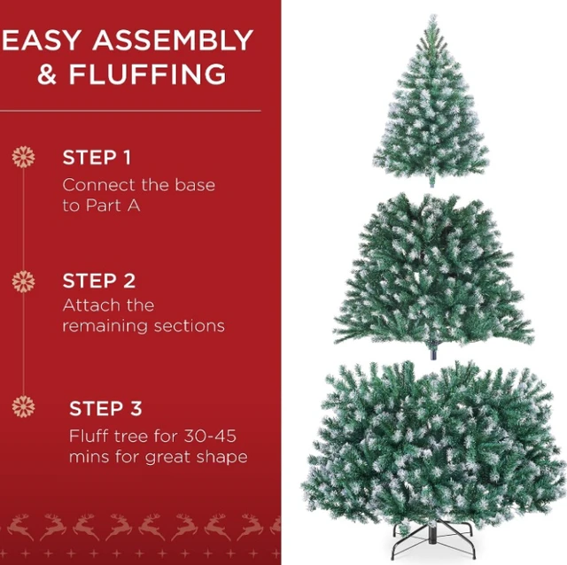 Alt view image 5 of 7 - 6ft Artificial Flocked Christmas Tree, Snow Covered Christmas Tree with 798 Branch Tips, Hinged PVC Branches & Metal Stand, Indoor Holiday Decoration