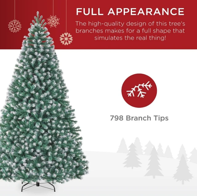 Alt view image 4 of 7 - 6ft Artificial Flocked Christmas Tree, Snow Covered Christmas Tree with 798 Branch Tips, Hinged PVC Branches & Metal Stand, Indoor Holiday Decoration