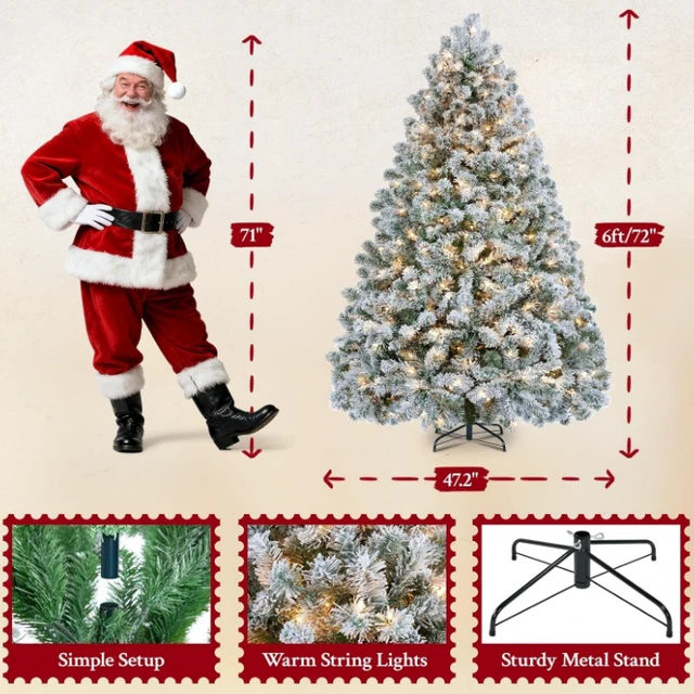 Alt view image 2 of 7 - 6ft Pre-lit Flocked Artificial Christmas Tree, Snow Covered Tree with 820 Branch Tips & 250 Warm White Lights, Hinged Branches & Metal Stand, Indoor Holiday Decor