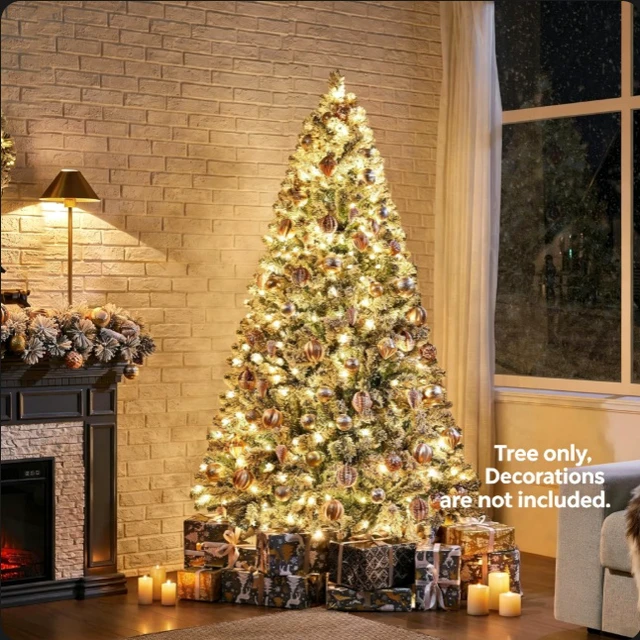 Alt view image 6 of 7 - 6ft Pre-lit Flocked Artificial Christmas Tree, Snow Covered Tree with 820 Branch Tips & 250 Warm White Lights, Hinged Branches & Metal Stand, Indoor Holiday Decor