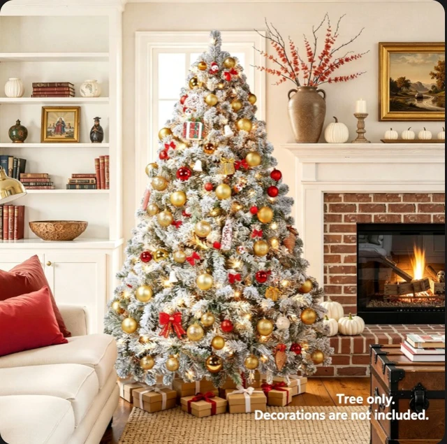 Alt view image 5 of 7 - 6ft Pre-lit Flocked Artificial Christmas Tree, Snow Covered Tree with 820 Branch Tips & 250 Warm White Lights, Hinged Branches & Metal Stand, Indoor Holiday Decor
