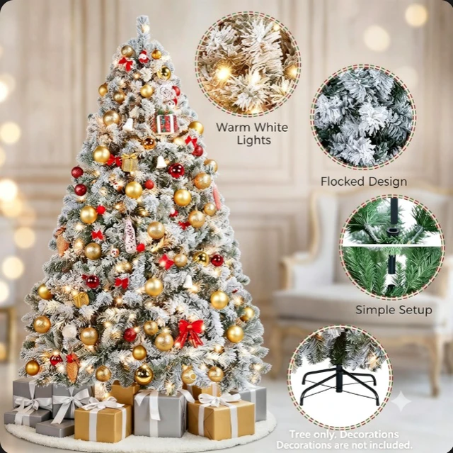 Alt view image 7 of 7 - 6ft Pre-lit Flocked Artificial Christmas Tree, Snow Covered Tree with 820 Branch Tips & 250 Warm White Lights, Hinged Branches & Metal Stand, Indoor Holiday Decor