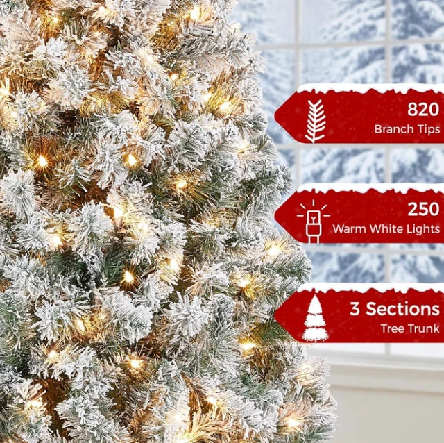 Alt view image 4 of 7 - 6ft Pre-lit Flocked Artificial Christmas Tree, Snow Covered Tree with 820 Branch Tips & 250 Warm White Lights, Hinged Branches & Metal Stand, Indoor Holiday Decor