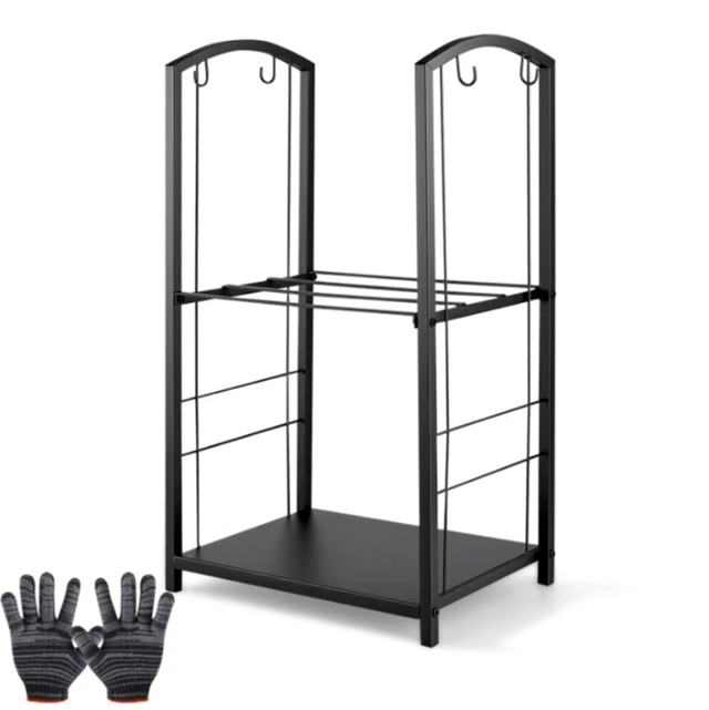 Main image of Firewood Log Rack, Heavy Duty Wrought Iron Fireplace Wood Storage Holder, 2-Tier Firewood Stacking Stand with Hooks, Indoor Outdoor Black Firewood Rack for Fire Pit, Fireplace, Wood Stove