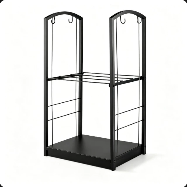Alt view image 2 of 7 - Firewood Log Rack, Heavy Duty Wrought Iron Fireplace Wood Storage Holder, 2-Tier Firewood Stacking Stand with Hooks, Indoor Outdoor Black Firewood Rack for Fire Pit, Fireplace, Wood Stove