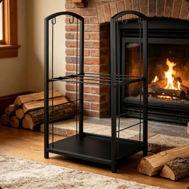 Alt view image 4 of 7 - Firewood Log Rack, Heavy Duty Wrought Iron Fireplace Wood Storage Holder, 2-Tier Firewood Stacking Stand with Hooks, Indoor Outdoor Black Firewood Rack for Fire Pit, Fireplace, Wood Stove