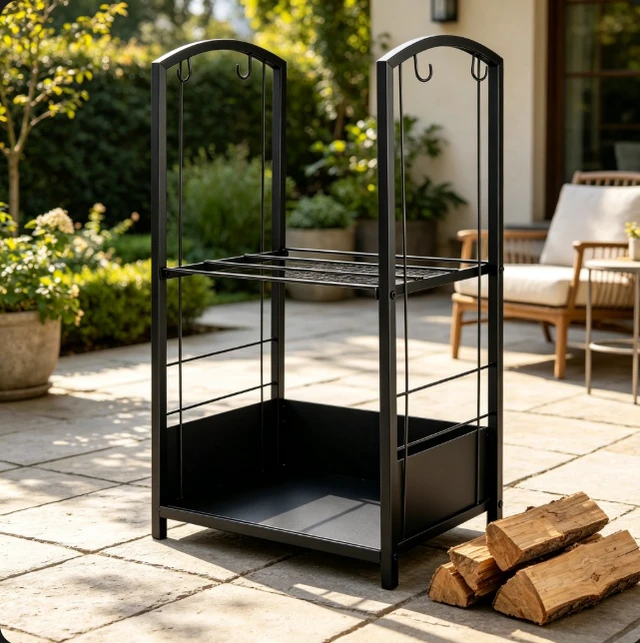 Alt view image 5 of 7 - Firewood Log Rack, Heavy Duty Wrought Iron Fireplace Wood Storage Holder, 2-Tier Firewood Stacking Stand with Hooks, Indoor Outdoor Black Firewood Rack for Fire Pit, Fireplace, Wood Stove