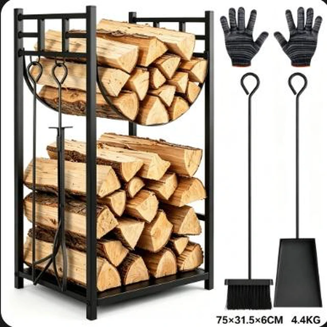 Main image of Firewood Log Rack with 4 Pcs Fireplace Tools, 2 Tier Heavy Duty Metal Log Rack Firewood Storage Holder, Indoor Outdoor Fire Pit Wood Holder with Tongs, Poker, Shovel, Brush