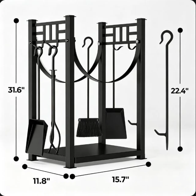 Alt view image 5 of 7 - Firewood Log Rack with 4 Pcs Fireplace Tools, 2 Tier Heavy Duty Metal Log Rack Firewood Storage Holder, Indoor Outdoor Fire Pit Wood Holder with Tongs, Poker, Shovel, Brush