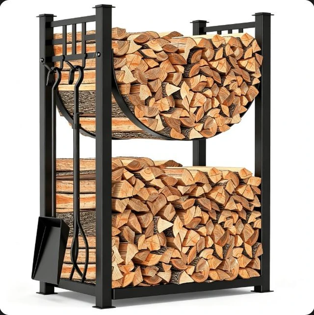 Alt view image 7 of 7 - Firewood Log Rack with 4 Pcs Fireplace Tools, 2 Tier Heavy Duty Metal Log Rack Firewood Storage Holder, Indoor Outdoor Fire Pit Wood Holder with Tongs, Poker, Shovel, Brush