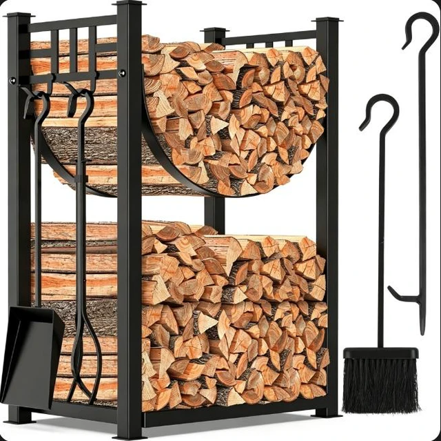 Alt view image 3 of 7 - Firewood Log Rack with 4 Pcs Fireplace Tools, 2 Tier Heavy Duty Metal Log Rack Firewood Storage Holder, Indoor Outdoor Fire Pit Wood Holder with Tongs, Poker, Shovel, Brush