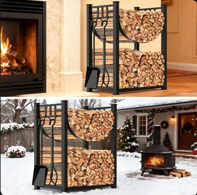 Alt view image 6 of 7 - Firewood Log Rack with 4 Pcs Fireplace Tools, 2 Tier Heavy Duty Metal Log Rack Firewood Storage Holder, Indoor Outdoor Fire Pit Wood Holder with Tongs, Poker, Shovel, Brush