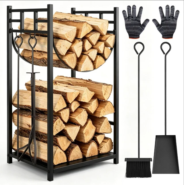 Alt view image 2 of 7 - Firewood Log Rack with 4 Pcs Fireplace Tools, 2 Tier Heavy Duty Metal Log Rack Firewood Storage Holder, Indoor Outdoor Fire Pit Wood Holder with Tongs, Poker, Shovel, Brush