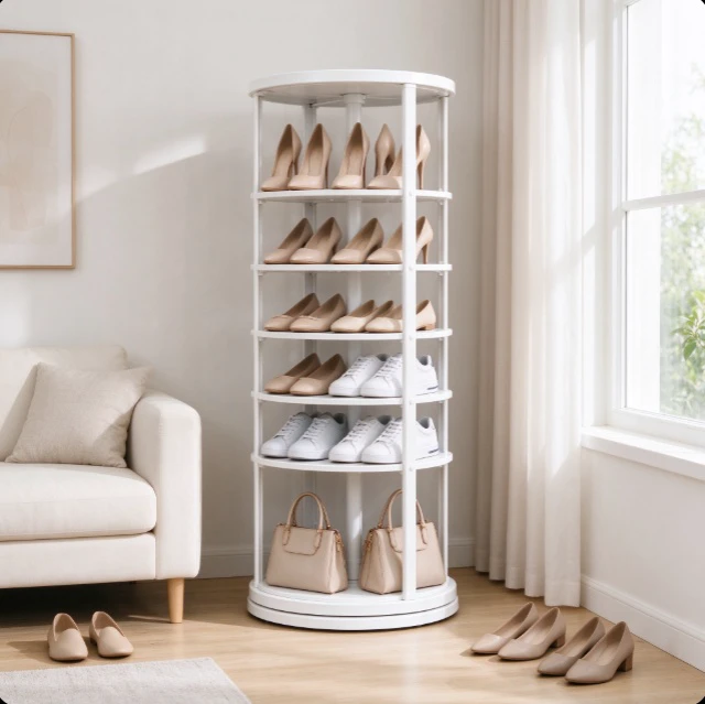 Alt view image 2 of 6 - 6-Tier White Rotating Shoe Rack, 360° Spinning Shoe Storage Tower, Vertical Organizer for Shoes, Bags, Closet, Entryway & Bedroom