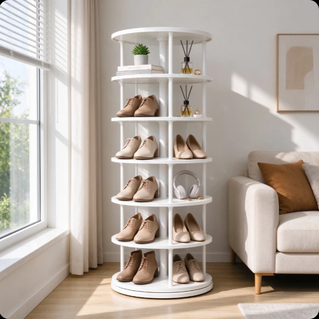 Alt view image 4 of 6 - 6-Tier White Rotating Shoe Rack, 360° Spinning Shoe Storage Tower, Vertical Organizer for Shoes, Bags, Closet, Entryway & Bedroom