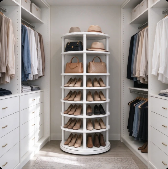 Alt view image 3 of 6 - 6-Tier White Rotating Shoe Rack, 360° Spinning Shoe Storage Tower, Vertical Organizer for Shoes, Bags, Closet, Entryway & Bedroom