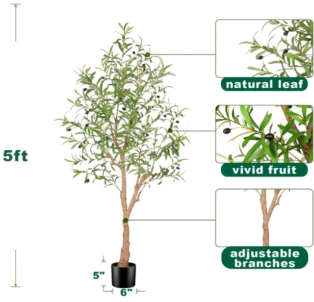 Alt view image 2 of 7 - 5FT Artificial Olive Tree, Faux Olive Tree with Realistic Fruits & Adjustable Branches, Potted Fake Olive Plant for Indoor Living Room Entryway Office Home Decor