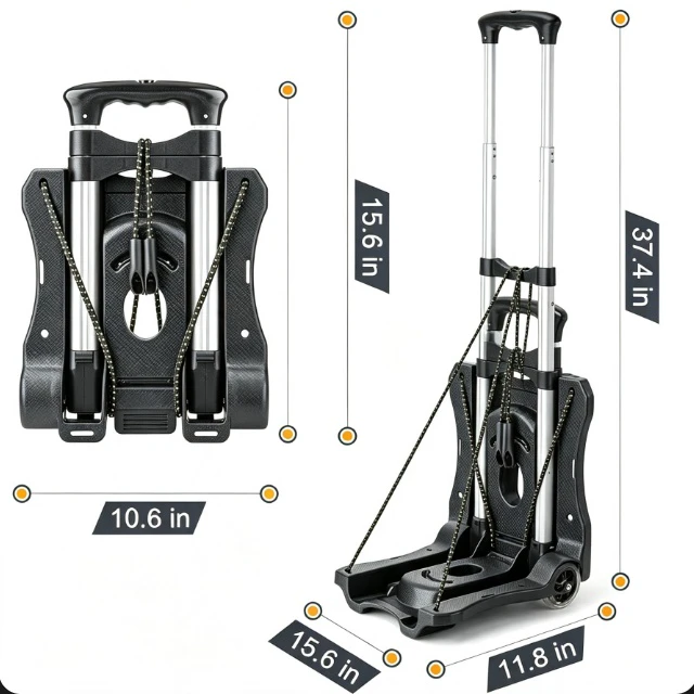 Alt view image 2 of 7 - Folding Hand Truck, 110 LB Capacity Portable Luggage Cart with Telescoping Handle, Collapsible Dolly with Elastic Ropes for Moving, Shopping, Travel, Office