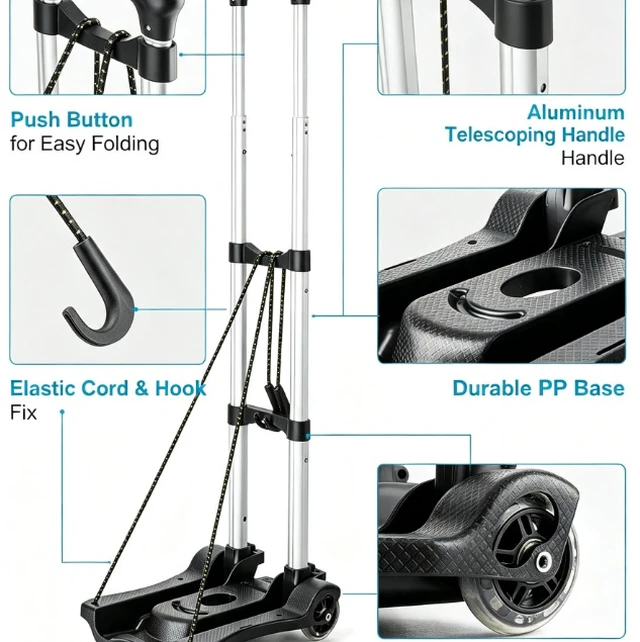 Alt view image 5 of 7 - Folding Hand Truck, 110 LB Capacity Portable Luggage Cart with Telescoping Handle, Collapsible Dolly with Elastic Ropes for Moving, Shopping, Travel, Office