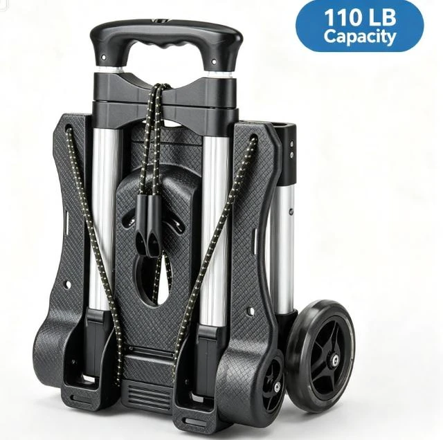 Main image of Folding Hand Truck, 110 LB Capacity Portable Luggage Cart with Telescoping Handle, Collapsible Dolly with Elastic Ropes for Moving, Shopping, Travel, Office