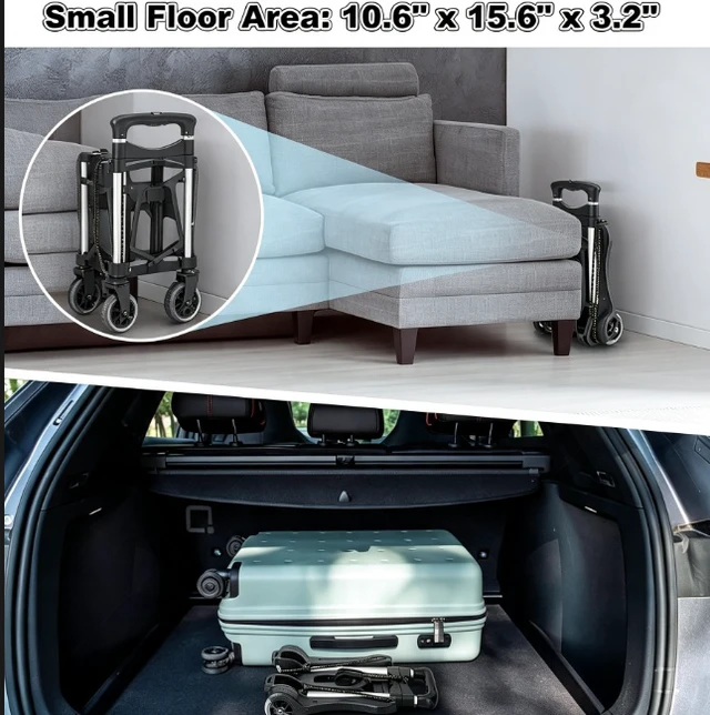 Alt view image 3 of 7 - Folding Hand Truck, 110 LB Capacity Portable Luggage Cart with Telescoping Handle, Collapsible Dolly with Elastic Ropes for Moving, Shopping, Travel, Office