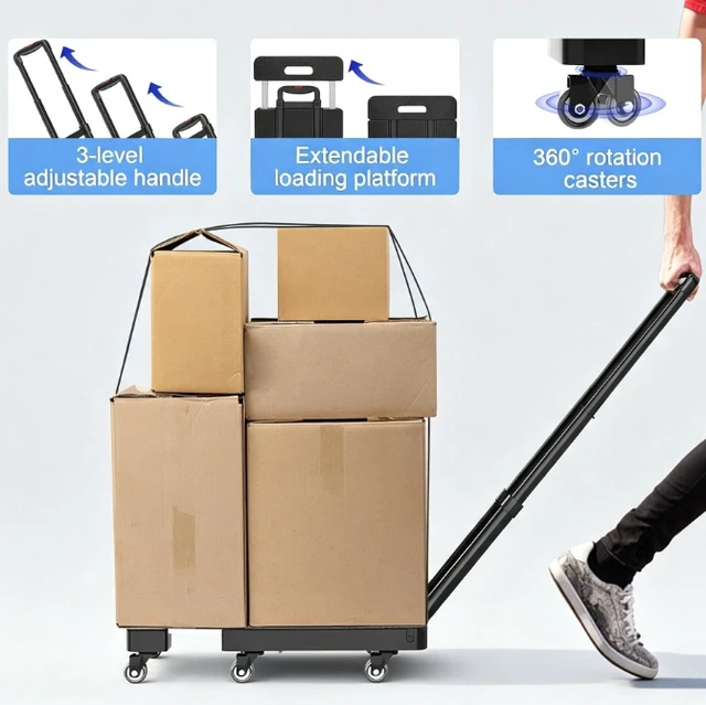 Alt view image 3 of 7 - Folding Hand Truck, 500 LB Capacity Foldable Luggage Cart with Extendable Base, 3-Level Adjustable Handle, 6 Swivel Caster Wheels, Portable Dolly Cart for Warehouse, Moving, Delivery