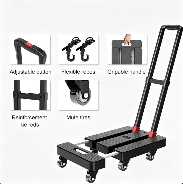 Alt view image 4 of 7 - Folding Hand Truck, 500 LB Capacity Foldable Luggage Cart with Extendable Base, 3-Level Adjustable Handle, 6 Swivel Caster Wheels, Portable Dolly Cart for Warehouse, Moving, Delivery