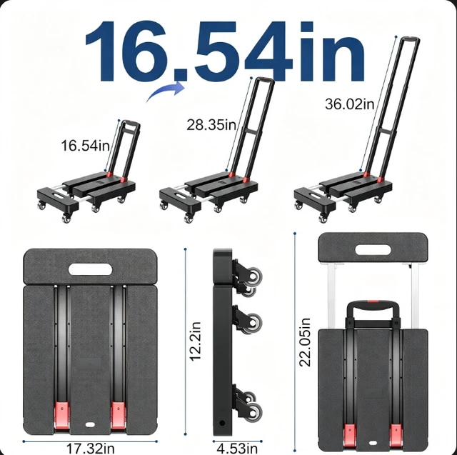 Alt view image 6 of 7 - Folding Hand Truck, 500 LB Capacity Foldable Luggage Cart with Extendable Base, 3-Level Adjustable Handle, 6 Swivel Caster Wheels, Portable Dolly Cart for Warehouse, Moving, Delivery