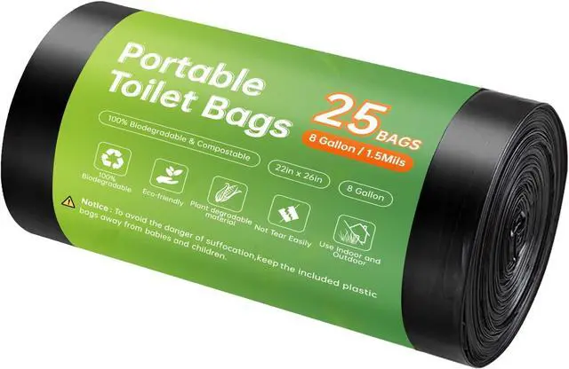 Main image of Portable Toilet Replacement Bags, 25 Count 8 Gallon 1.5 Mil Super Thickened Compostable Trash Bags, 30 Liter Camping Toilet Bags for Travel Outdoors, Boating, Emergency Toilet Bag for Car
