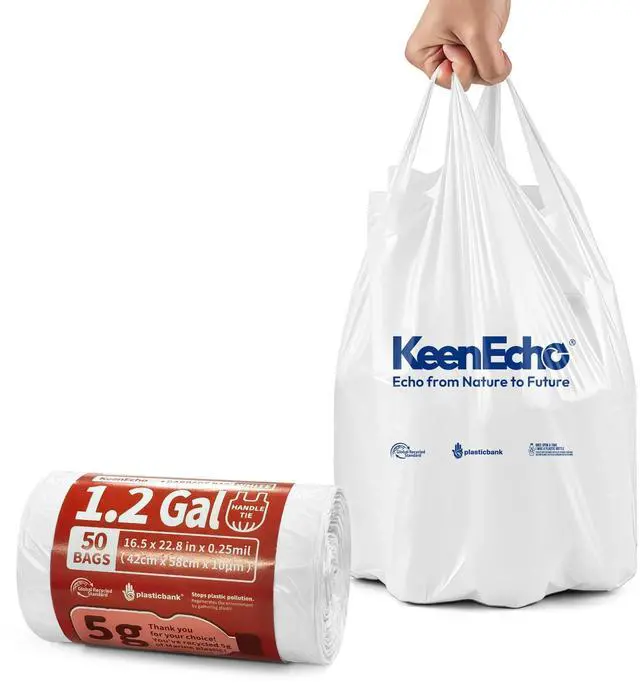 Main image of Small Trash Bags with Handles - Ocean Plastic Upcycling - Plastic Garbage Bags, Can Bin & Waste Basket Liner for Kitchen, Bathroom, Office and Pets,1.2 Gallon 50 Count White