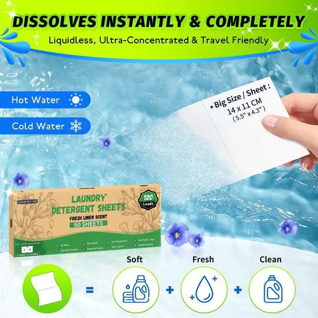 Alt view image 2 of 7 - Laundry Detergent Sheets - Fresh Linen 120 Loads Laundry Sheets Detergent, Bulk Travel Laundry Detergent Eco Friendly & Hypoallergenic Natural Detergent Sheets Strips Laundry Soap Sheets