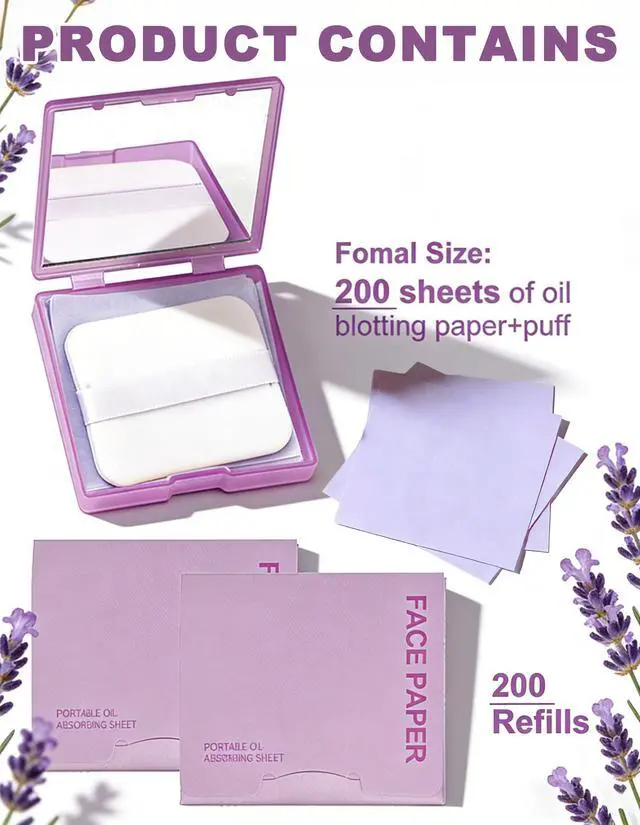 Alt view image 2 of 7 - 300PCS lavender Oil Blotting Papers for Face - Controls Shine, Saves Makeup | Oil Blotting Sheets for Face with Mirror, Puff & Refills, The On-the-Go Essential for a Flawless, Matte Finish All Day