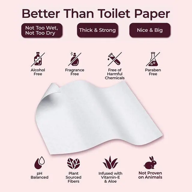 Alt view image 6 of 6 - Flushable Wipes for Women - 80-Count Wet Wipes for Adults - pH-Balanced Feminine Wet Tissue with Vitamin E and Aloe - Gentle Feminine Hygiene Body Cleansing Cloth - No Fragrance Large