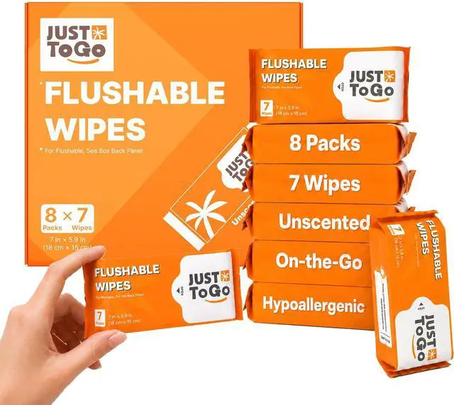 Main image of Flushable Wipes Travel Size, Pocket Packs, Unscented, 56 Ct | Septic Safe, Plant-Based Biodegradable, Mini Wet Wipes, Sensitive Skin Friendly, On-the-Go Toilet Wipes, , 8 Packs of 56
