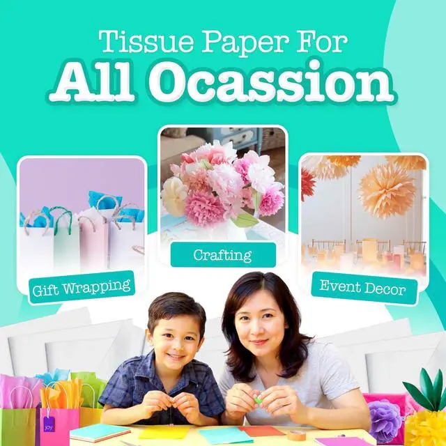Alt view image 7 of 7 - Tissue Paper for Gift Bags - 100 Sheets 14x20in Wrapping Paper, White | Premium Gift Wrap Tissue Paper for DIY Crafts - Birthday Party, Wedding, Holidays, Flower Decorations & Custom Art Projects