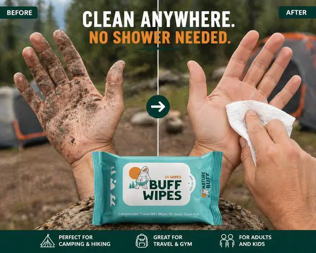 Alt view image 2 of 7 - Buff Wipes Camping Wet Wipes 8 x 8 Inch Full Body & Hand Wipes, Biodegradable Unscented Outdoor Cleansing Wipes for Hiking, Backpacking, Camping Hygiene, Gym, Travel & No-Shower Cleanups, 24 Count
