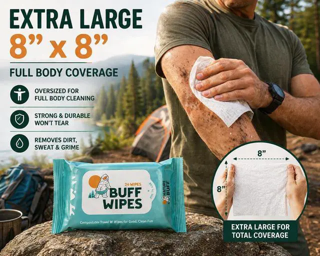 Alt view image 5 of 7 - Buff Wipes Camping Wet Wipes 8 x 8 Inch Full Body & Hand Wipes, Biodegradable Unscented Outdoor Cleansing Wipes for Hiking, Backpacking, Camping Hygiene, Gym, Travel & No-Shower Cleanups, 24 Count