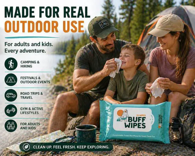Alt view image 6 of 7 - Buff Wipes Camping Wet Wipes 8 x 8 Inch Full Body & Hand Wipes, Biodegradable Unscented Outdoor Cleansing Wipes for Hiking, Backpacking, Camping Hygiene, Gym, Travel & No-Shower Cleanups, 24 Count