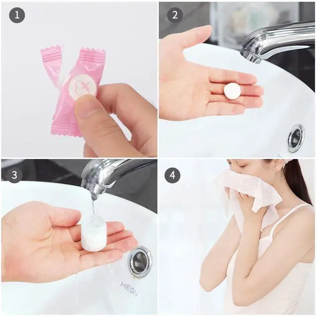 Alt view image 4 of 7 - 100 Pack Disposable Compressed Towels Tablets, Travel Face Towels | Portable Clean Washcloths, NO-Odor, Individually Wrapped, Soft Cotton, Expands in Seconds, Mini for Outdoor, Camping, Pink