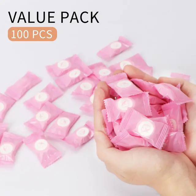 Alt view image 7 of 7 - 100 Pack Disposable Compressed Towels Tablets, Travel Face Towels | Portable Clean Washcloths, NO-Odor, Individually Wrapped, Soft Cotton, Expands in Seconds, Mini for Outdoor, Camping, Pink