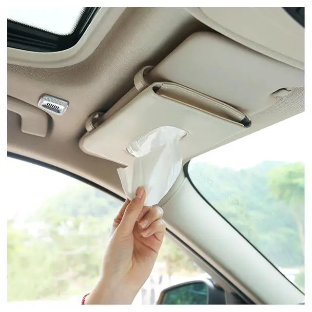 Alt view image 5 of 6 - Beige Car Tissue Holder for Sun Visor, Universal Fit All Vehicles | Hanging Tissue Box, Easy Refill, Includes Paper Napkins, Easy-Access, Universal Car Accessory for Men Women, Car Must Haves