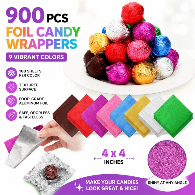 Alt view image 3 of 7 - 900 PCS Chocolate Candy Wrappers, 4x4 inches Foil Candy Wrappers for Caramels, 9 Colors Textured Square DIY Candies Packaging for Christmas, Easter, Thanksgiving, Party