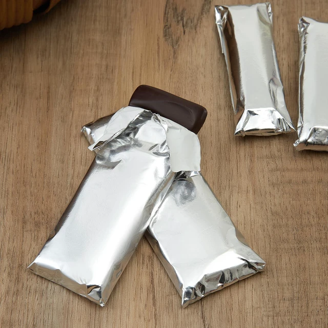 Alt view image 5 of 5 - 100Pcs Chocolate Candy Wrappers Aluminum Foil Candy Bar Wrappers with Thick Paper Backing Candy Wrapping Packing for Christmas Wedding Birthday Homemade Sweets 7.5 x 6.3 Inch(Silver)