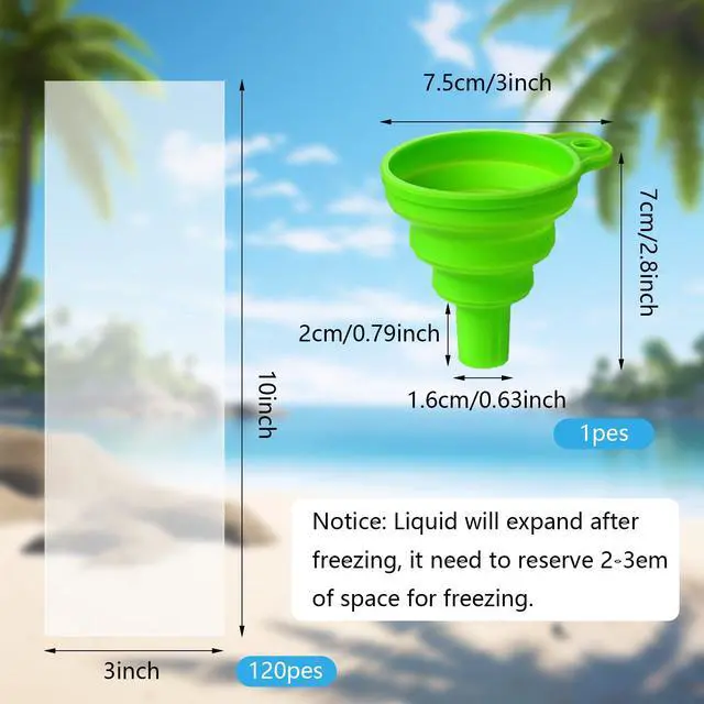 Alt view image 2 of 7 - 120Pcs Ice Pop Bags with Silicone Funnel, 3x10 Inch Disposable Ice Cream Mold Bags for Bolis, Yogurt and Homemade Popsicles