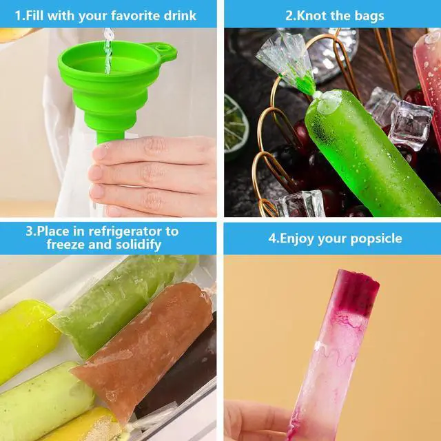 Alt view image 6 of 7 - 120Pcs Ice Pop Bags with Silicone Funnel, 3x10 Inch Disposable Ice Cream Mold Bags for Bolis, Yogurt and Homemade Popsicles