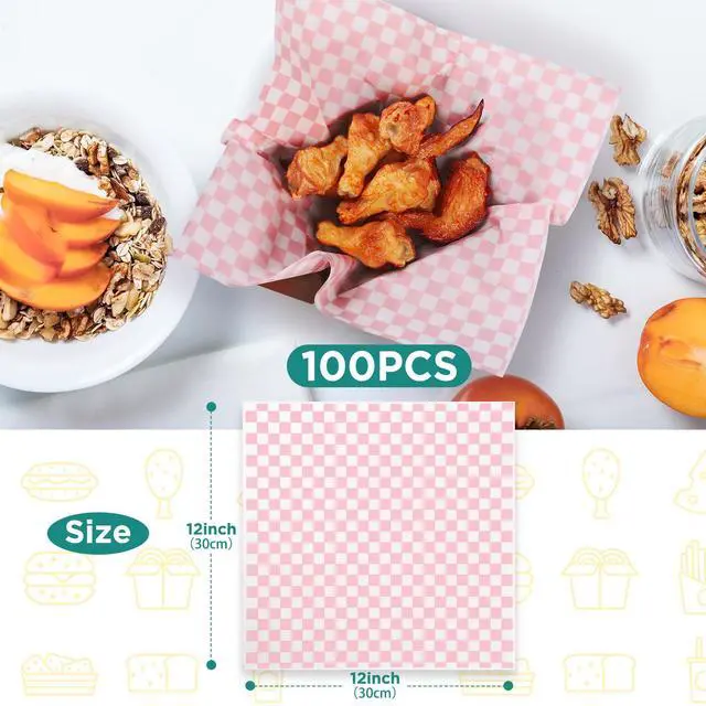 Alt view image 2 of 7 - Waxed Deli Paper Sheets 12 * 12 Inch, 100 Pcs Food Basket Liners for Sandwiches,2026 Burgers Wrap Wax Paper Sheets Gingham Pattern Pink