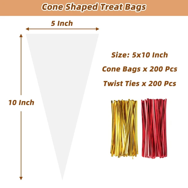 Alt view image 2 of 7 - Cone Shaped Treat Bags, 5x10 in Clear Popcorn Bags with Ties 200Pcs | Cone Cellophane Bags, Clear Triangle Plastic Bags for Party Favor, Popcorn, Candy